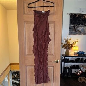 NEVALI NEVER WORN Bandeau Ruffle Detail Maxi Dress in Brown, SZ 0